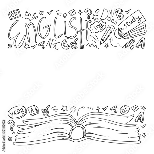 English courses. Doodle vector concept illustration of learning english language.