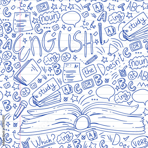 English courses. Doodle vector concept illustration of learning english language.