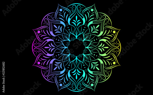 Circle pattern petal flower of mandala with multi color,Vector floral mandala relaxation patterns unique design with black background,Hand drawn pattern,concept meditation and relax  photo