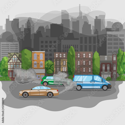 Polluted city from car exhaust. Fumes smog in town. Vector illustration
