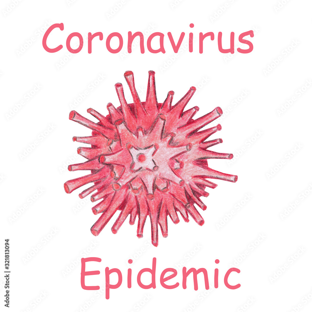 Fototapeta Coronavirus infection, risk of epidemic. Watercolor colored pencils hand drawn illustration