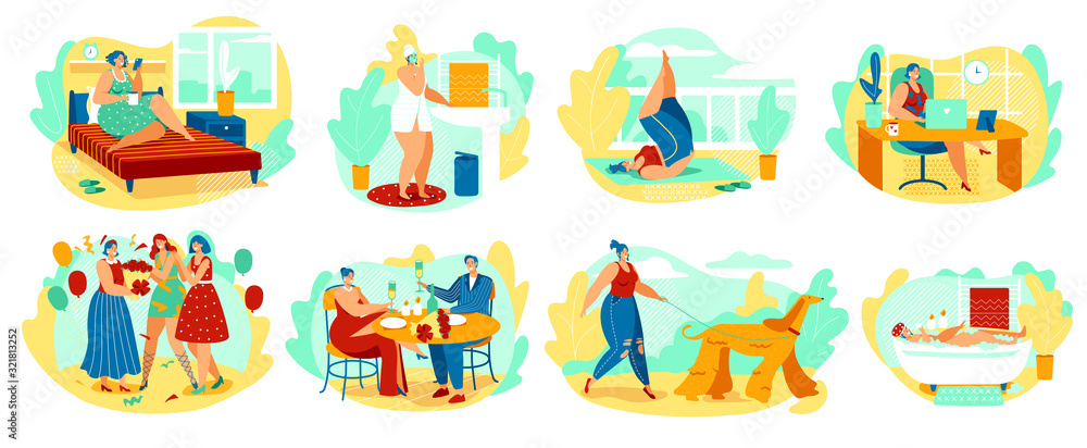 Daily routine of woman hand draw character vector illustration. One day of life average woman, morning hygiene, work office, romantic date and spend time with friends. Scenes from everyday girls life