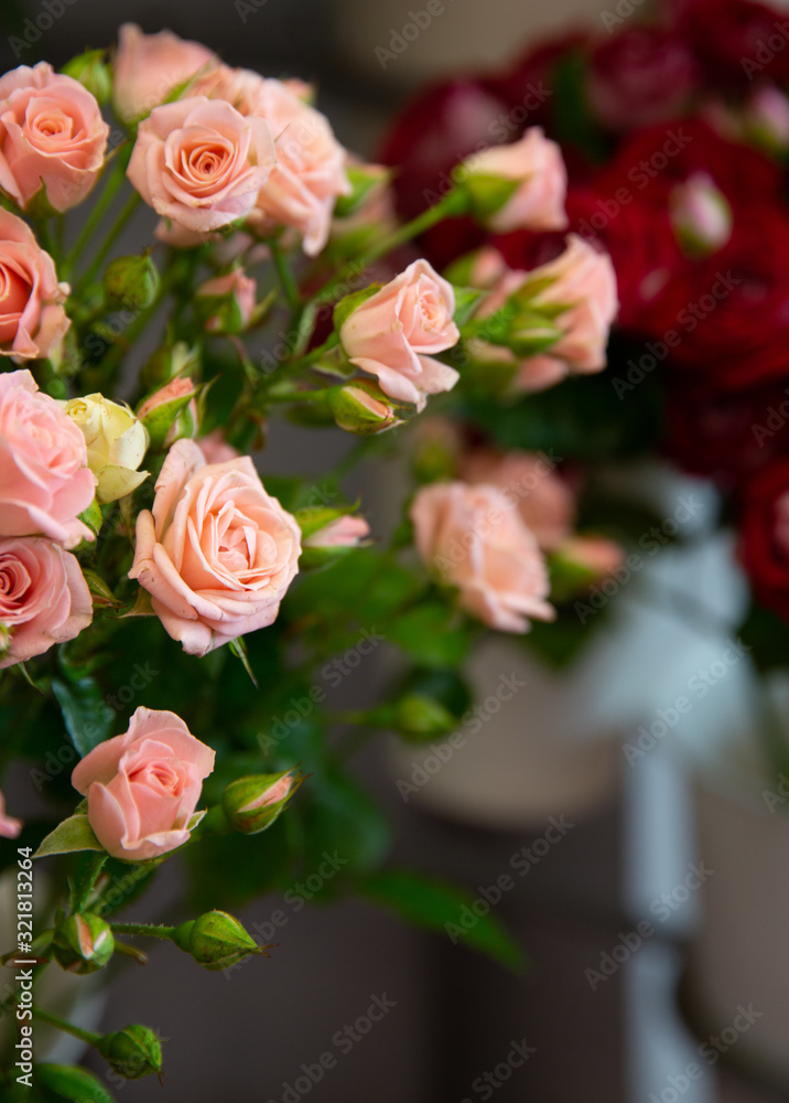 Bouquet with flower blossom. Floral background. Shallow depth photo. Soft toned colors.