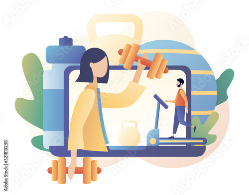 Fitness blog and Workout app concept. Online coach. Tiny people are sport training. Active lifestyle and fitness training. Modern flat cartoon style. Vector illustration on white background