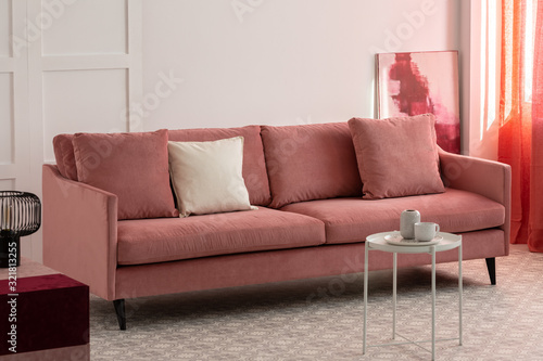 Pillows on comfortable sofa in bright living room interior