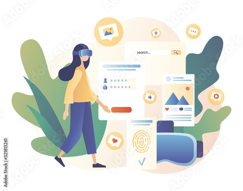 Virtual reality concept. Tiny girl using virtual reality glasses. VR cyberspace. Modern flat cartoon style. Vector illustration on white background