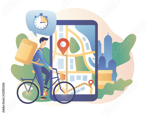Online delivery service concept. Tiny courier on bike. Order tracking. Smartphone with mobile app for Delivery tracking. Modern flat cartoon style. Vector illustration on white background