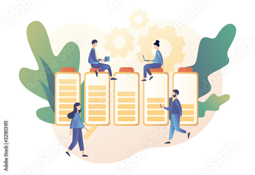 Battery charge. Tiny Users, battery performance and long life battery. Various state of battery charging. Modern flat cartoon style. Vector illustration on white background