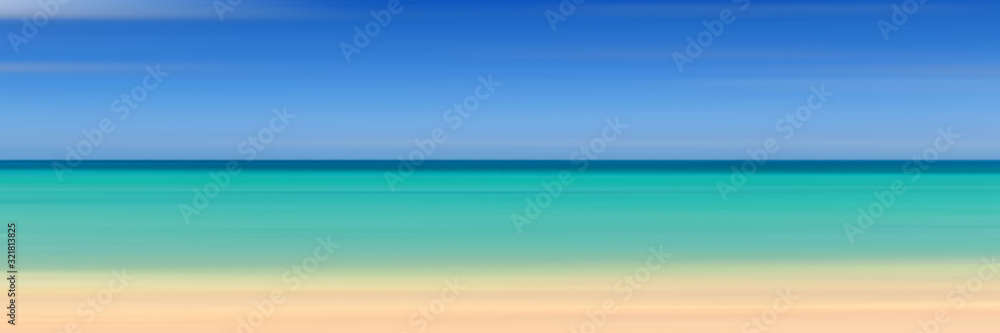 Panoramic view of the sandy beach of the sea, blurred summer background. Blue sky, sea and yellow sand.