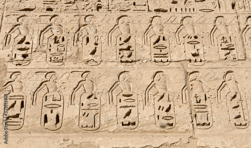 Hieroglyphic carvings on an ancient egyptian temple wall