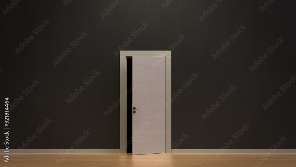 3d render the modern white wooden door open slightly in the black wall. 3d render the modern white wooden door open slightly in the black wall.