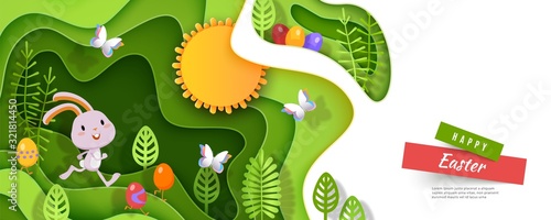 Happy Easter 3d papercut layered design with funny rabbit, Easter eggs, basket, stylized plants, wavy multilayered effect. Vector illustration for website, poster, promotion, ad, coupon, banner, flyer