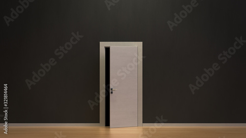 3d render the modern white wooden door open slightly in the black wall.