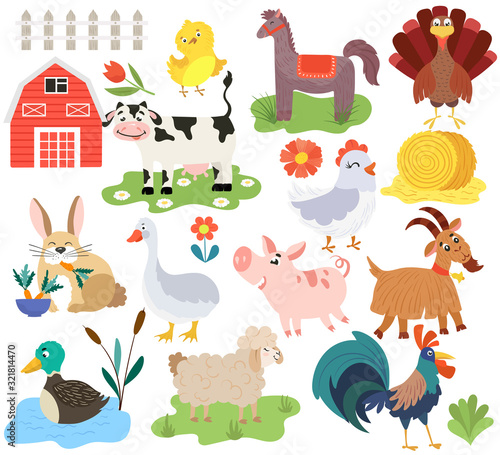 Fototapeta Naklejka Na Ścianę i Meble -  Farm animals cartoon characters, isolated icons vector illustration. Cute domestic animals cow, pig, horse, rooster and sheep. Funny farmstead chicken, rabbit, goat, goose and turkey in childish style