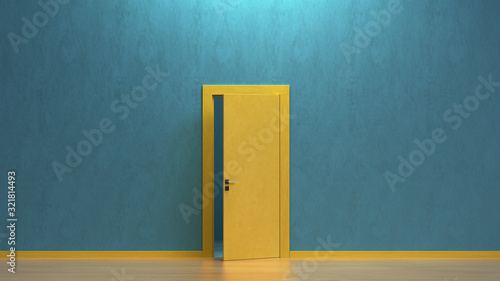 3d render the modern yellow wooden door open slightly in the blue wall.