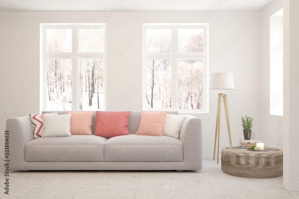 Stylish room in white color with sofa and winter landscape in window. Scandinavian interior design. 3D illustration Stylish room in white color with sofa and winter landscape in window. Scandinavian interior design. 3D illustration