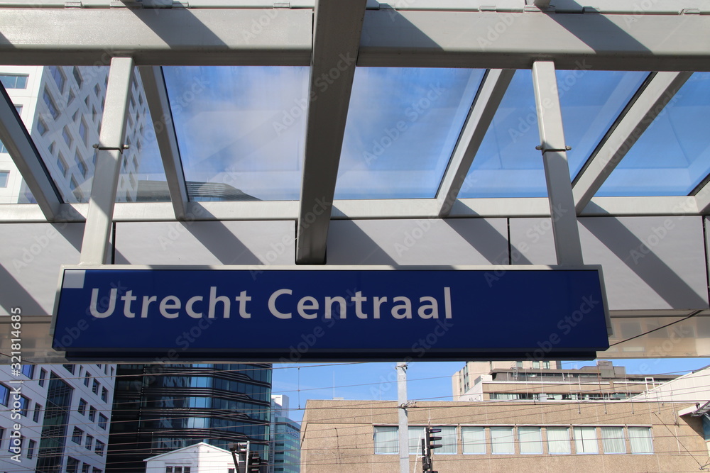 Fototapeta premium White and blue information sign at platform with name Utrecht Centraal