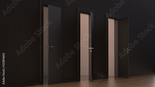 3d render the modern black wooden three doors open slightly in the black wall.