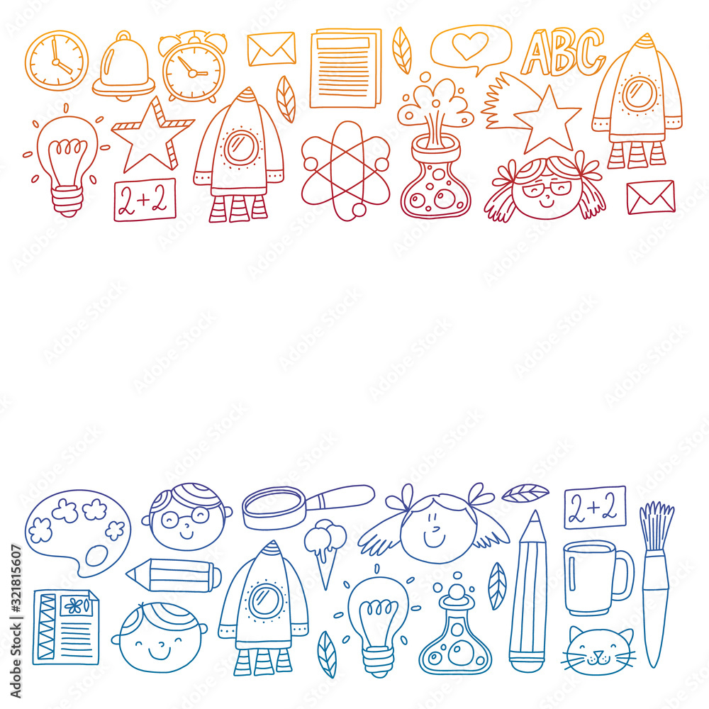 Vector pattern with back to school icons for posters, banners, covers. Kids, children education.