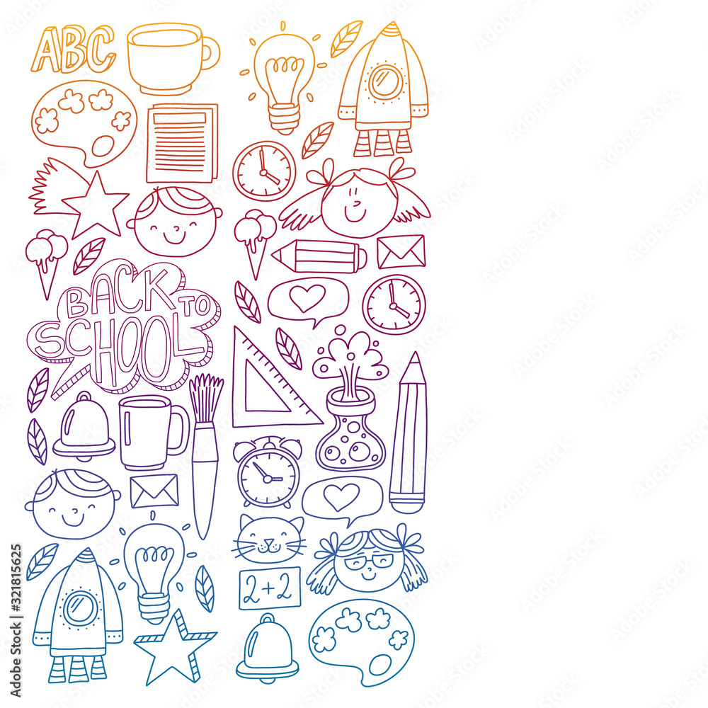 Fototapeta premium Vector pattern with back to school icons for posters, banners, covers. Kids, children education.