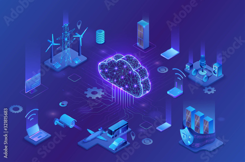Internet of things cloud infographic, neon blue isometric 3d illustration with smart technology icons, computer network, night glowing background photo