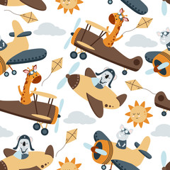 Fototapete Tiermuster mit Fahrzeugen Tierflieger und Sonne Kindermuster  © Hanna