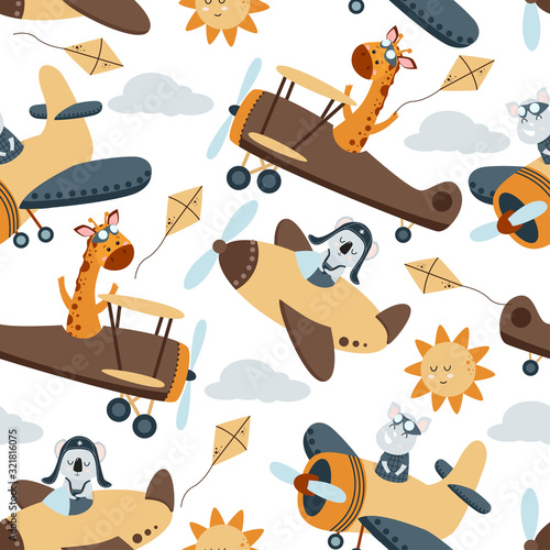 seamless pattern with aviator animals and sun - vector illustration, eps