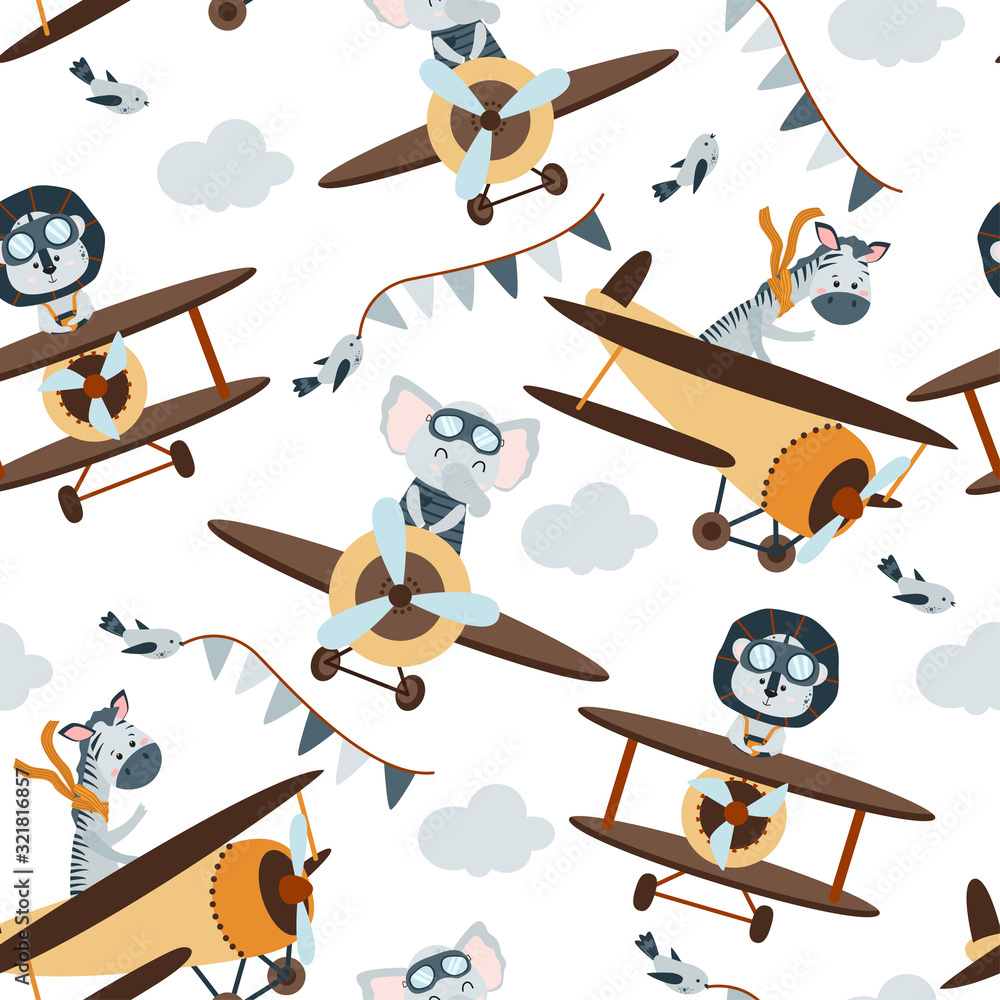 seamless pattern with aviator animals in the sky - vector illustration, eps
