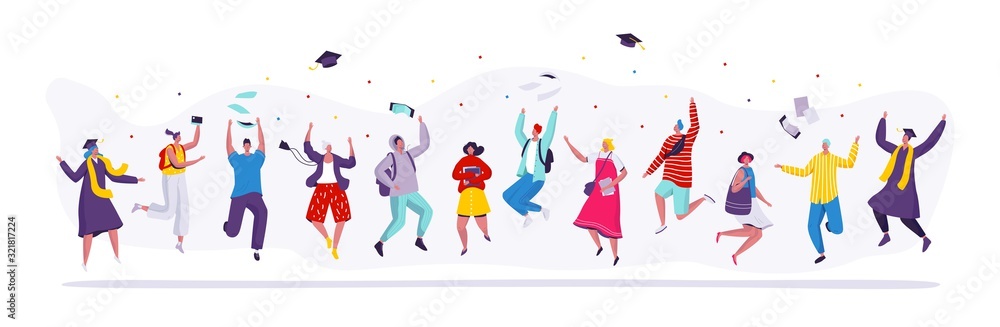Happy people jumping graduation students, cartoon characters vector illustration. Set of isolated figures of jumping men and women, college students celebrating graduation party. Modern flat style - obrazy, fototapety, plakaty 