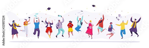 Happy people jumping graduation students, cartoon characters vector illustration. Set of isolated figures of jumping men and women, college students celebrating graduation party. Modern flat style