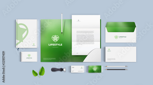 Green eco style natural corporate style with heart and star logo. Branding for cosmetic or vegan shop, vegetable market or flower sale. Stationery vector mockup design.