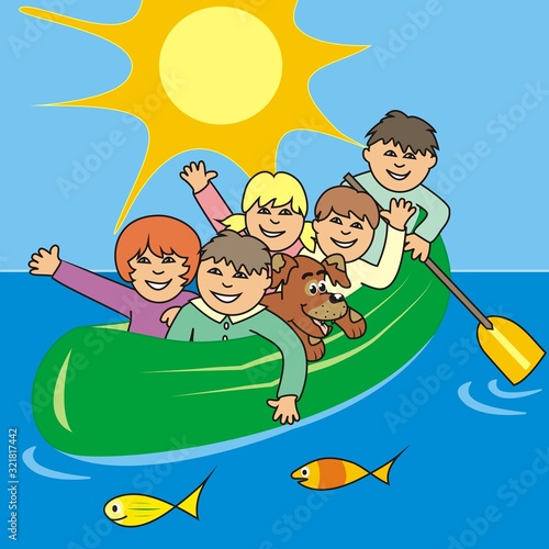 Children at canoe, at background sky with sun, vector illustration