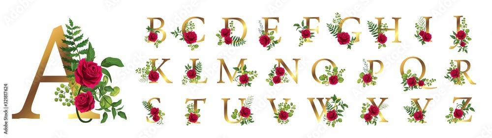 Collection romantic gold letters with drawn watercolor leaves and red ...