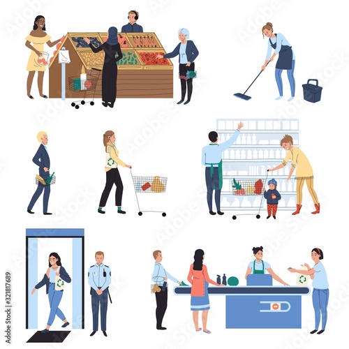 People shopping in supermarket, grocery store hand draw vector illustration. Cartoon characters buying food in shop, supermarket customers line checkout counter, grocery store employees basket trolley