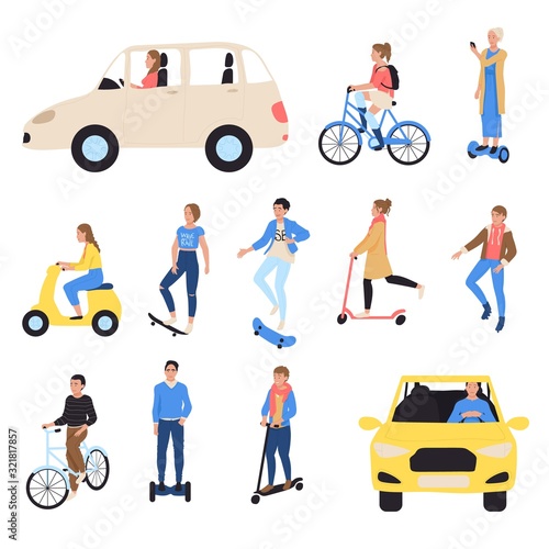 People riding ecological transport, isolated hand draw vector illustration. Cartoon character driving electric car, bicycle, scooter, taxi and skate, skateboard. Modern transport for active people