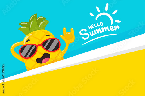 Happy pineapple in the summer. Vector cartoon pineapple raised their hands in greeting for the summer festival.