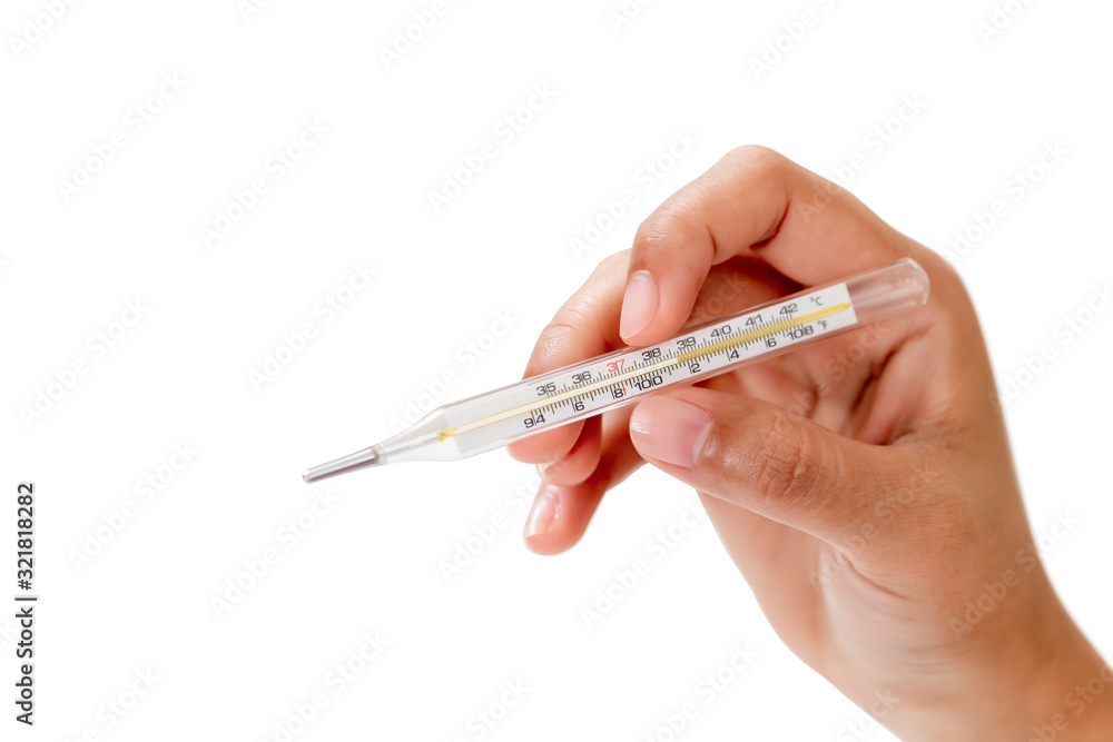 Female hand holding thermometer showing High Fever on white background. Female hand holding thermometer showing High Fever on white background.