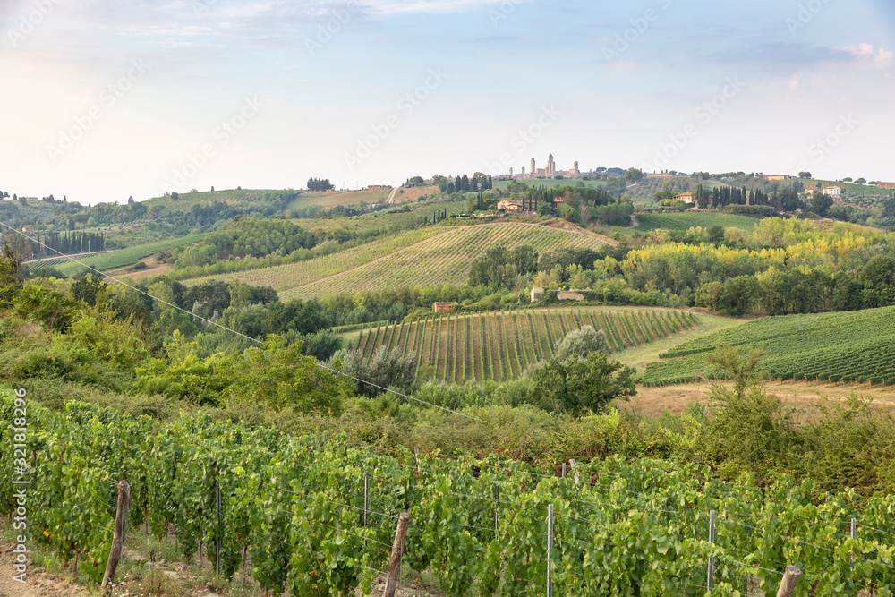 landscape with green fields and San Gimignano town in the horizon, province of Siena, Tuscany, Italy