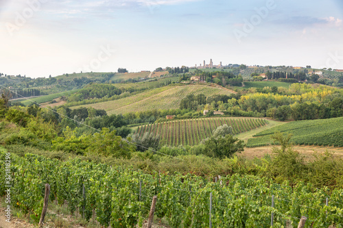 landscape with green fields and San Gimignano town in the horizon  province of Siena  Tuscany  Italy