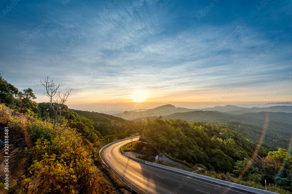 Beautiful winter sunrise landscape viewpoint at km.41 of Doi Inthanon Chiang Mai Thailand. Scenic view of Doi Inthanon National Park in Chom Thong District, Chiang Mai Province, Northern Thailand.