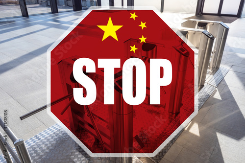 A STOP sign, flag of China ...