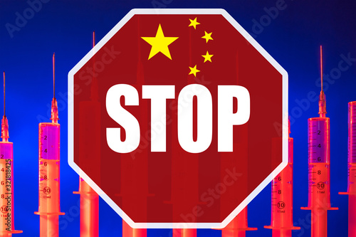 STOP sign and Chinese flag ...