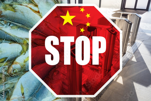 A stop sign, the Chinese fl...