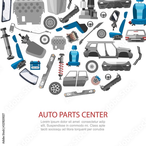 Car spares and auto parts service vector illustration. Auto diagnostics test service, protection insurance or vehicle electronics parts service shop. Repair help. Smart technology for auto car poster.