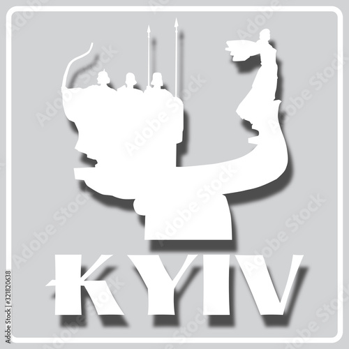 con with white silhouette of Monument to founders of Kiev