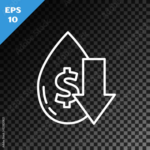 White line Drop in crude oil price icon isolated on transparent dark background. Oil industry crisis concept. Vector Illustration
