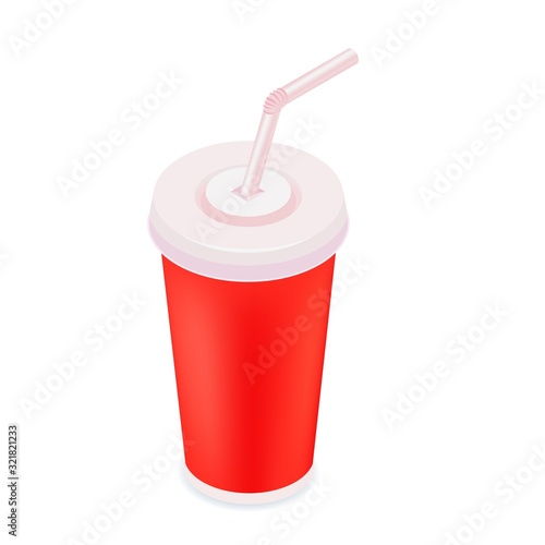 Soft drink cup color isometric style icon, fastfood concept illustration, vector eps10
