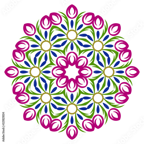 Ceramic tile pattern. Decorative round ornament. White background with art frame. Islamic, indian, arabic motifs. © jelisua88