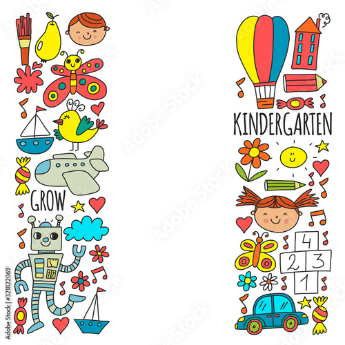 Vector pattern for kindergarten banners  posters with moon  planet  spaceship  rocket  sun  fruits  house  flowers. Creativity and imagination.