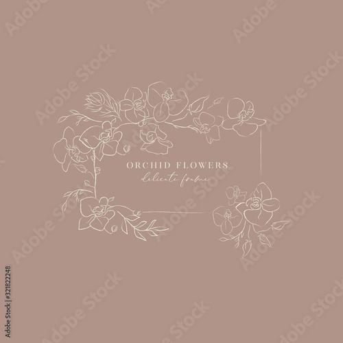 delicate line drawing vector floral wreath frame with hand drawn delicate orchid flowers, branches, leaves, plants. Botanical illustration. Leaf logo. Wedding invitation stationary